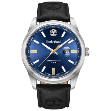 Αντρικό ρολόι Timberland Orford TDWGB0010802 με μαύρο δερμάτινο λουράκι και μπλε καντράν διαμέτρου 45mm με ημερομηνία.